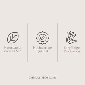 May include: A beige graphic with three icons and text. The icons include a leaf, a badge with a checkmark, and a hand with a heart. Text includes "Naturpapier creme FSC&reg;", "Hochwertige Qualit&auml;t", and "Sorgf&auml;ltige Produktion". The text "CHERRY BLOSSOMS" is at the bottom.