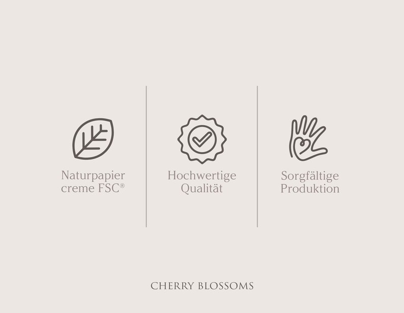 May include: A beige graphic with three icons and text. The icons include a leaf, a badge with a checkmark, and a hand with a heart. Text includes "Naturpapier creme FSC&reg;", "Hochwertige Qualit&auml;t", and "Sorgf&auml;ltige Produktion". The text "CHERRY BLOSSOMS" is at the bottom.