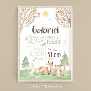 Geburtsposter Waldtiere, Geburtstafel, Geburtsdaten-Poster,Geburtsanzeige, Geschenk Geburt, Geburtsanzeige Waldtiere
