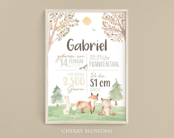Geburtsposter Waldtiere, Geburtstafel, Geburtsdaten-Poster,Geburtsanzeige, Geschenk Geburt, Geburtsanzeige Waldtiere