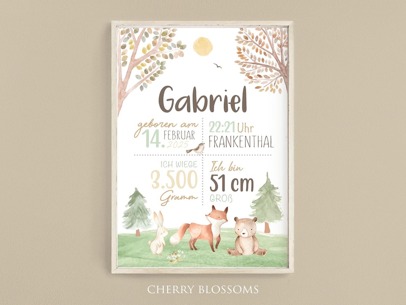 Geburtsposter Waldtiere, Geburtstafel, Geburtsdaten-Poster,Geburtsanzeige, Geschenk Geburt, Geburtsanzeige Waldtiere