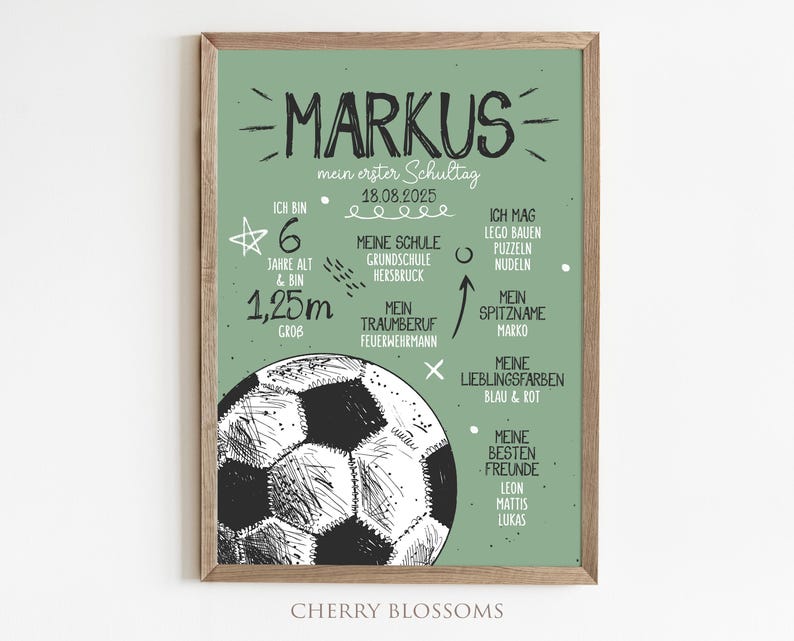 May include: A framed green poster with the name "MARKUS" at the top, featuring handwritten text and a soccer ball illustration. The poster includes information about the subject's age, height, school, and interests. The text is in German.