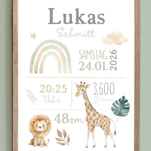 Geburtsposter Safari, Geburtstafel, Geburtsdaten-Poster, Geburtsanzeige, Geschenk Geburt, Geburtsanzeige Löwe bild 2