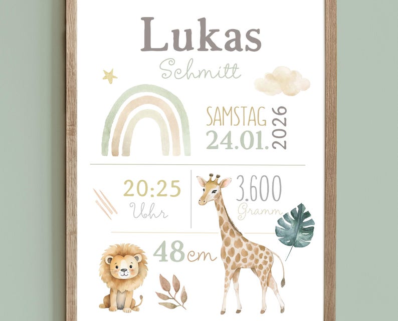 Geburtsposter Safari, Geburtstafel, Geburtsdaten-Poster, Geburtsanzeige, Geschenk Geburt, Geburtsanzeige Löwe bild 2