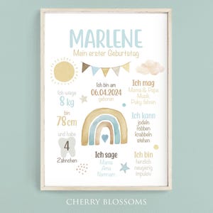May include: A watercolor-style printable poster with a rainbow, sun, and cloud design. The poster is decorated with stars and dots. The text on the poster reads "MARLENE, My first birthday, I weigh 8 lbs, I am 30.7 inches tall, I was born on 06.04.2024, I like Mama & Papa, Music, Riding a Puky, I can yodel, crawl, roll, and stand, I say Mama, Ama, Namnum, I am very curious and impulsive, I have 4 teeth".