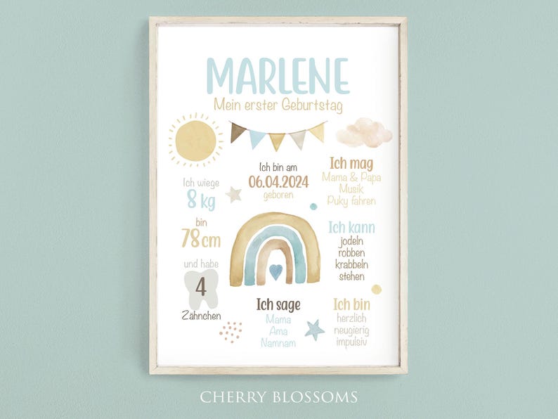 May include: A watercolor-style printable poster with a rainbow, sun, and cloud design. The poster is decorated with stars and dots. The text on the poster reads "MARLENE, My first birthday, I weigh 8 lbs, I am 30.7 inches tall, I was born on 06.04.2024, I like Mama & Papa, Music, Riding a Puky, I can yodel, crawl, roll, and stand, I say Mama, Ama, Namnum, I am very curious and impulsive, I have 4 teeth".