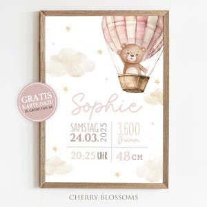 Geburtsposter Teddybär im Heißluftballon mit Sternen & Wolken