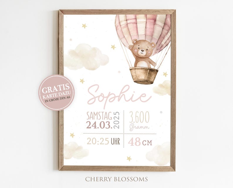 Geburtsposter Teddybär im Heißluftballon mit Sternen & Wolken