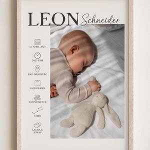 May include: A framed print featuring a baby's photo and birth details. The text includes the name "LEON Schneider", date, time, location, weight (3600 grams), and length (51 centimeters). A plush bunny toy is next to the baby.