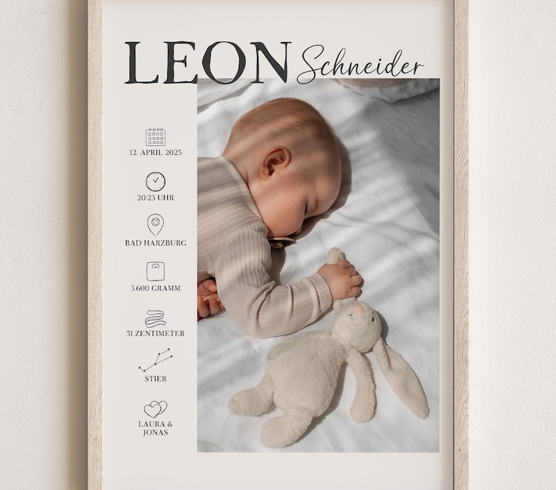 May include: A framed print featuring a baby's photo and birth details. The text includes the name "LEON Schneider", date, time, location, weight (3600 grams), and length (51 centimeters). A plush bunny toy is next to the baby.