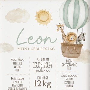 Meilensteinposter zum ersten Geburtstag, personalisiert, Safari, Löwe, Tiere Meilensteintafel