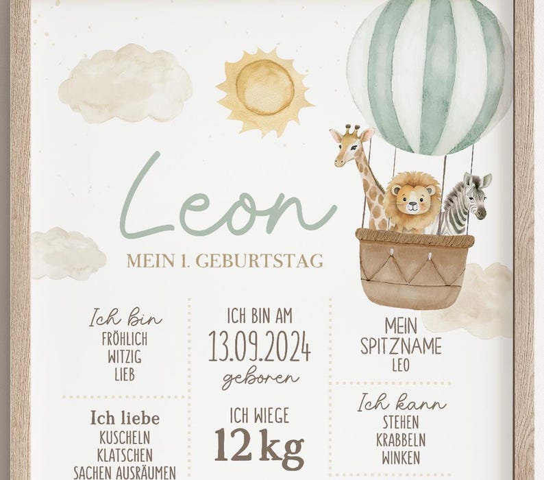 Meilensteinposter zum ersten Geburtstag, personalisiert, Safari, Löwe, Tiere Meilensteintafel
