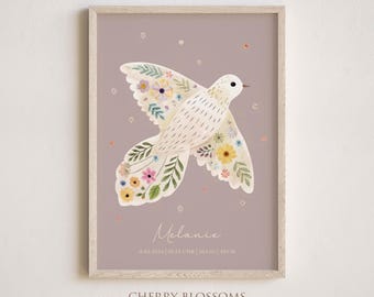 Geburtsposter, Taube, Blumen, personalisiert, Geburtstafel, Geschenk Geburt