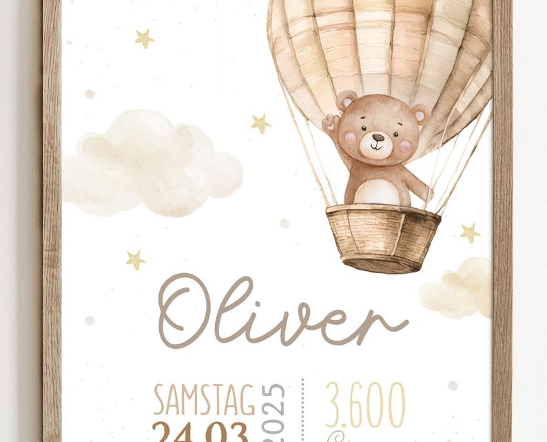 Geburtsposter Teddybär im Heißluftballon mit Sternen & Wolken