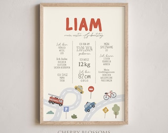Meilensteinposter zum 1. 2. 3. 4 Geburtstag, personalisiert, Autos, Meilensteintafel, Minimalistisch