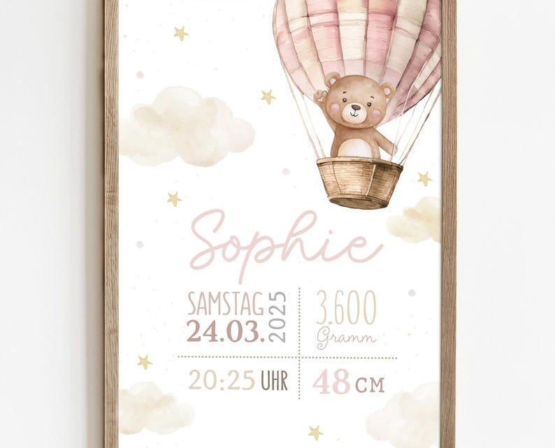 Geburtsposter Teddybär im Heißluftballon mit Sternen & Wolken