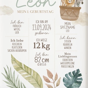 Meilensteinposter zum ersten Geburtstag, personalisiert, Safari, Löwe, Tiere Meilensteintafel