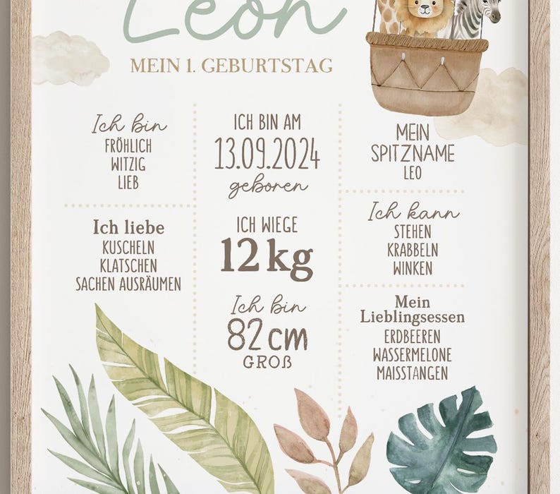 Meilensteinposter zum ersten Geburtstag, personalisiert, Safari, Löwe, Tiere Meilensteintafel