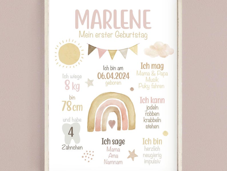 May include: A pink and gold watercolor illustration of a rainbow with a heart in the center. The illustration is surrounded by text in German, including the name "Marlene", "Mein erster Geburtstag", and details about the child's first birthday, such as weight, height, and age.