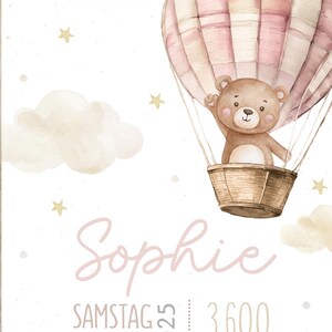 Geburtsposter Teddybär im Heißluftballon mit Sternen & Wolken