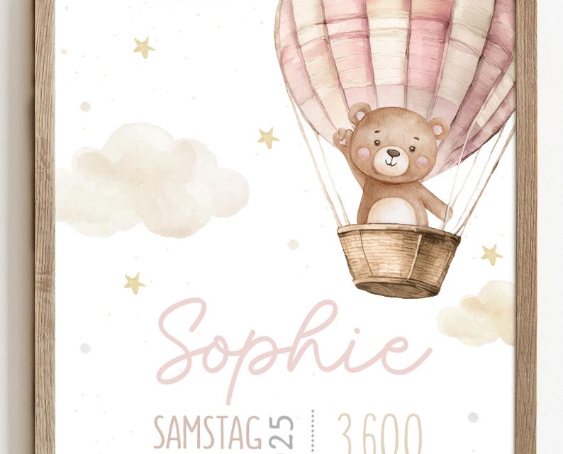 Geburtsposter Teddybär im Heißluftballon mit Sternen & Wolken