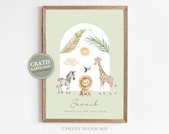 Geburtsposter, Safari, Löwe, personalisiert, Geburtstafel, Geschenk Geburt