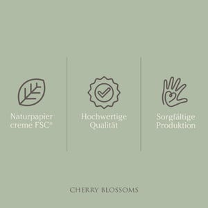 May include: Three icons on a light green background. The first icon is a leaf, the second is a checkmark inside a circle, and the third is a hand with a heart inside. The text below the icons reads "Naturpapier creme FSC&reg;, Hochwertige Qualit&auml;t, Sorgf&auml;ltige Produktion" and "CHERRY BLOSSOMS".