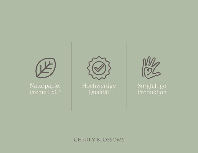 May include: Three icons on a light green background. The first icon is a leaf, the second is a checkmark inside a circle, and the third is a hand with a heart inside. The text below the icons reads "Naturpapier creme FSC&reg;, Hochwertige Qualit&auml;t, Sorgf&auml;ltige Produktion" and "CHERRY BLOSSOMS".