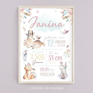 Geschenk zur Geburt | Personalisiertes Geburtsposter mit Geburtsdaten | Babyposter Reh  Waldtiere | Geburtsanzeige Kinderzimmer