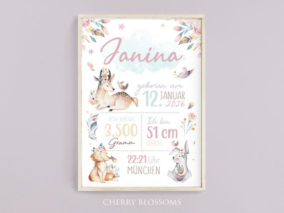 Geschenk zur Geburt | Personalisiertes Geburtsposter mit Geburtsdaten | Babyposter Reh  Waldtiere | Geburtsanzeige Kinderzimmer