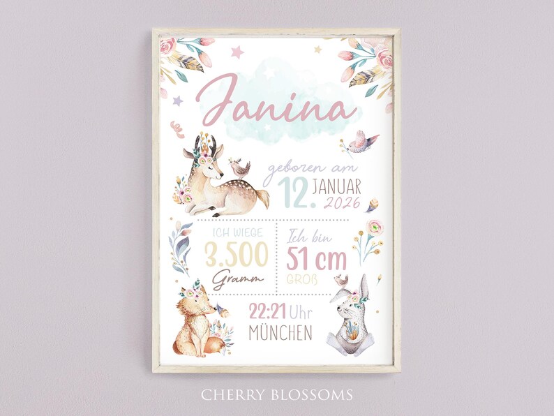 Geschenk zur Geburt | Personalisiertes Geburtsposter mit Geburtsdaten | Babyposter Reh  Waldtiere | Geburtsanzeige Kinderzimmer