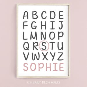 May include: A white printable poster with the alphabet in black letters. The letter "S" is circled in pink and the name "SOPHIE" is written in pink at the bottom.