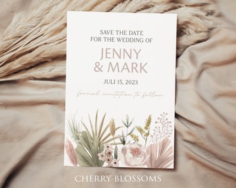 Dried Flowers Boho Save the Date Template Download,Neutral, Editable Save the date, Self-edit with TEMPLETT, A101