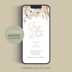 Dried palm boho, Electronic Save the Date, Garden Flowers Wedding, pampas grass, Modern Minimalist, Editable Template, A101
