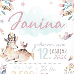 Geschenk zur Geburt | Personalisiertes Geburtsposter mit Geburtsdaten | Babyposter Reh  Waldtiere | Geburtsanzeige Kinderzimmer