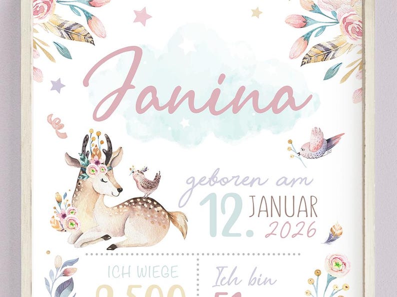 Geschenk zur Geburt | Personalisiertes Geburtsposter mit Geburtsdaten | Babyposter Reh  Waldtiere | Geburtsanzeige Kinderzimmer
