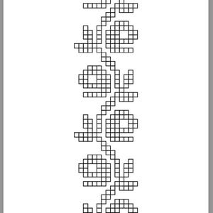 May include: Black and white pixel art design of a stylized floral pattern. The design features a series of repeating flowers with a central stem.