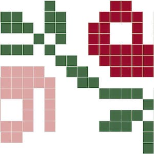 Könnte beinhalten: Ein sich wiederholendes Muster aus rosa und roten Blumen mit grünen Blättern. Die Blumen sind stilisiert und haben ein pixeliertes Aussehen.