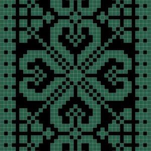 Könnte beinhalten: Ein geometrisches Muster in Grün- und Schwarztönen, das an einen gewebten Stoff oder einen Teppich erinnert. Das Design weist sich wiederholende Formen und einen Rand auf, wodurch eine symmetrische und optisch ansprechende Komposition entsteht. Die Gesamtästhetik ist modern und abstrakt.