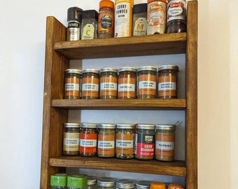 Rustic Wooden Spice Rack,  Storage Shelf, Kitchen Storage, Herb Jars, Wall hanging Organiser,