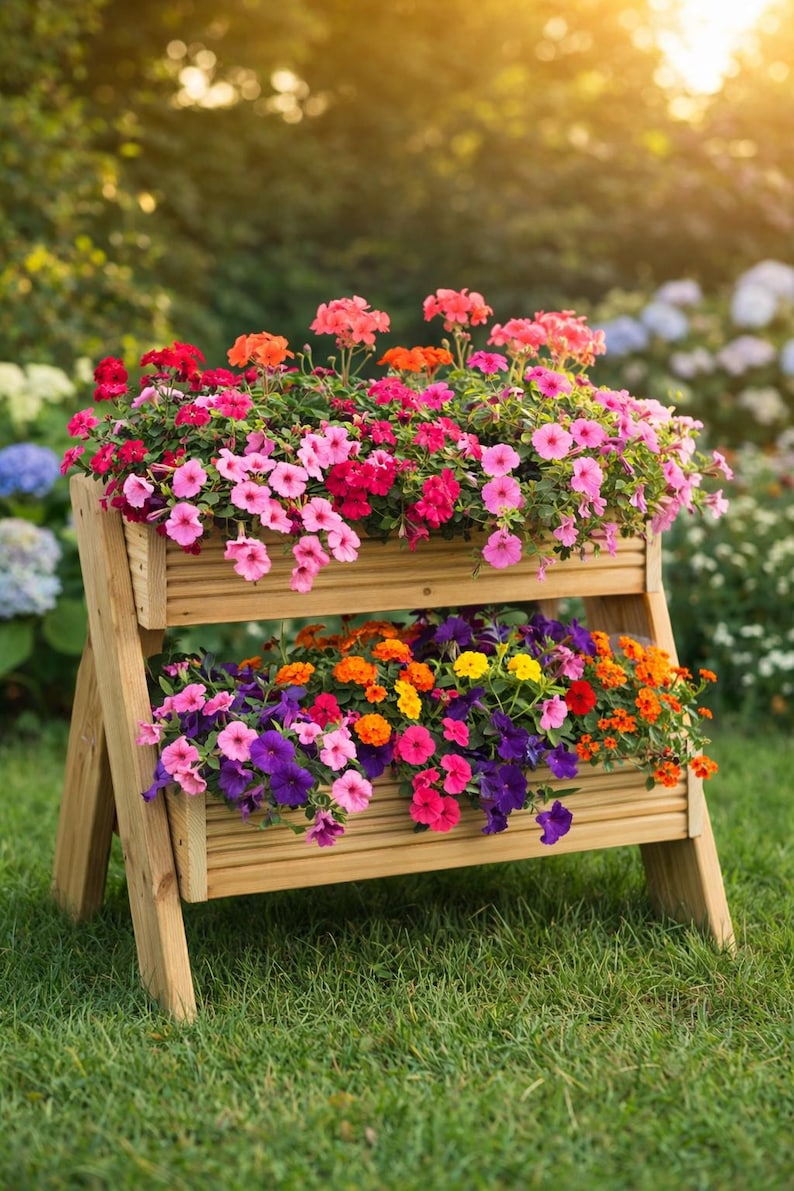 2 Tier Vertical Planter Wooden Stand – Garden Planter Box Outdoor – Space Saving Herb & Flower Planter UK image 1