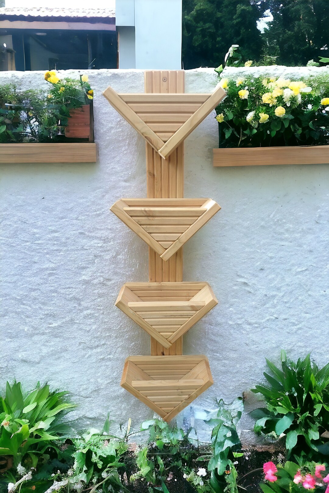 Triangular Railing Planter Triangle Wooden Tiered Planter - Wall Hanging, Herb V Planters Pots ...