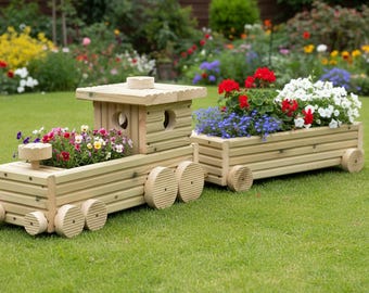 Handmade Wooden Train Planter – Rustic Garden Decor with Carriages