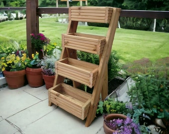 4 Tiered Wooden Planter Free Standing Box Strawberry Planter Flower Herb Wooden Planter Garden Outdoor Wall Garden