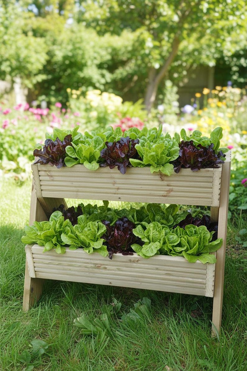 May include: A two-tiered wooden planter filled with vibrant green and deep red lettuce. The planter is set on a grassy lawn, with a blurred garden background. The wooden structure has a natural finish.