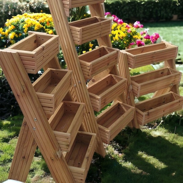 Tiered Wooden Planter Free Standing Box Strawberry Planter Flower Herb Wooden Planter Garden Outdoor Wall Garden