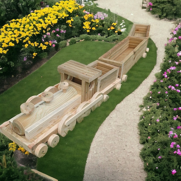 Wooden Train planter with 2 wagons