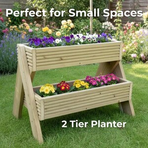 2 Tier Vertical Planter Wooden Stand – Garden Planter Box Outdoor – Space Saving Herb & Flower Planter UK image 3