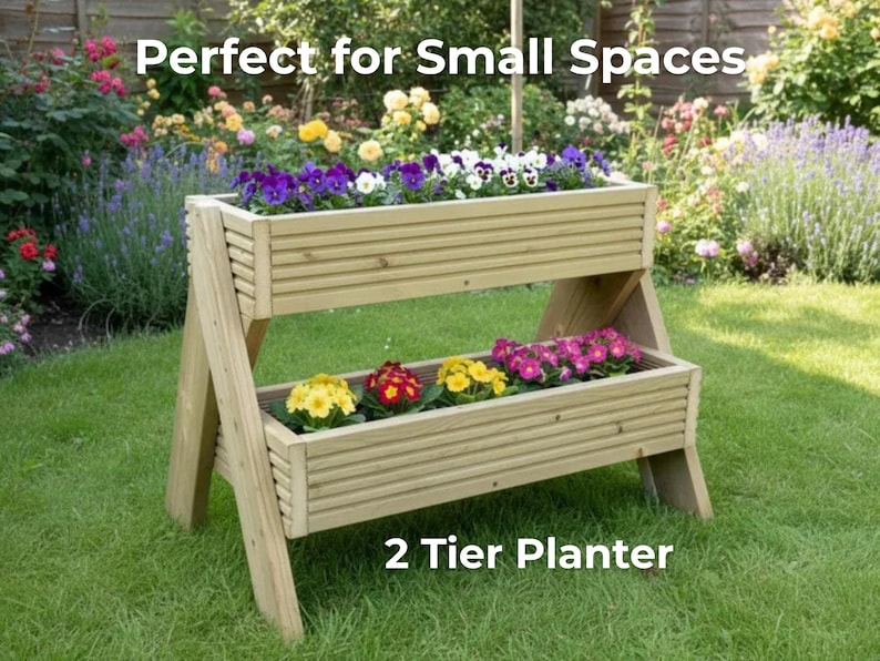 2 Tier Vertical Planter Wooden Stand – Garden Planter Box Outdoor – Space Saving Herb & Flower Planter UK image 3