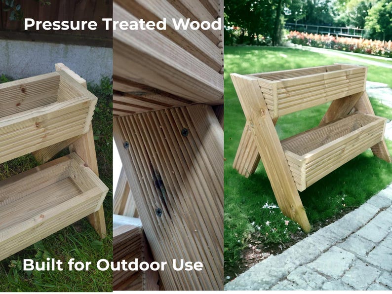 May include: A two-tiered wooden planter, constructed from pressure-treated wood, designed for outdoor use. The planter features a rectangular shape with slatted sides and is supported by angled legs. The text "Pressure Treated Wood" and "Built for Outdoor Use" are visible.
